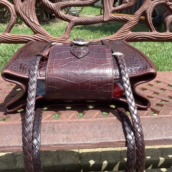 Vintage Brighton Mahogany Silver Flap Top Croc Embossed Leather Messenger Bag - Picture 6 of 9